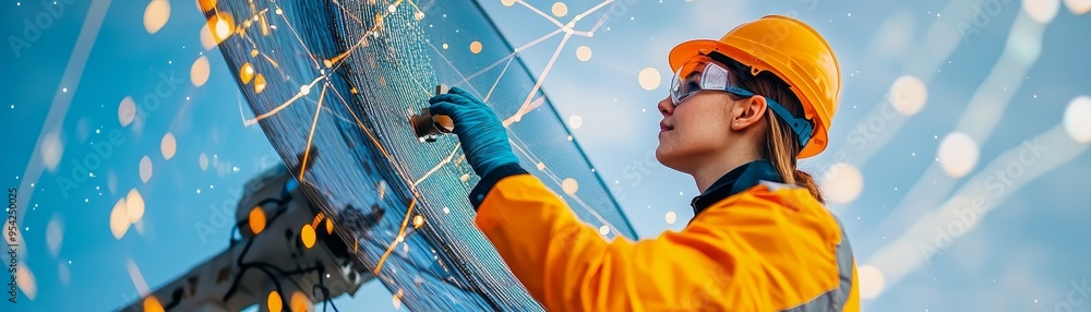 Construction worker in safety gear inspecting a blue structure. Construction worker in safety gear inspecting a blue structure.