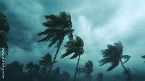 Three palm trees are shown in the rain, with the sky in the background. Scene is one of sadness and despair, as the trees are being battered by the storm