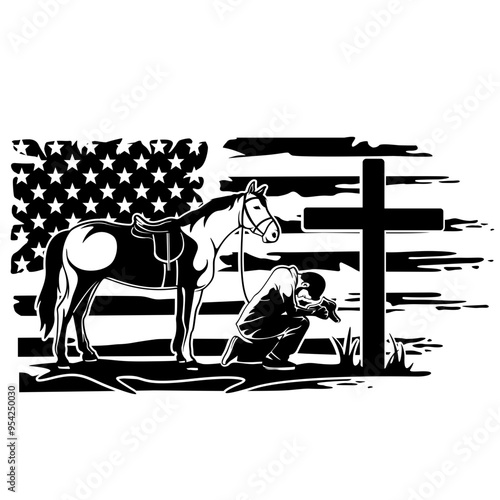 US Kneeling Cowboy | Cowboy in the Cross | Praying Cowboy | Memorial Cross | US Horse | Cowboy | Western Country | US Flag | Original Illustration | Vector and Clipart | Cutfile and Stencil