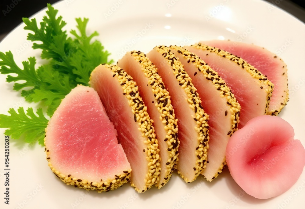 A culinary presentation of sesame-crusted tuna slices arrayed in a fan shape, served with vibrant green seaweed and soft pink ginger garnishes on a white plate A culinary presentation of sesame-crusted tuna slices arrayed in a fan shape, served with vibrant green seaweed and soft pink ginger garnishes on a white plate