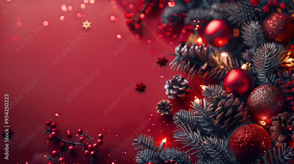Christmas background with balls and fir branches, Christmas border in red color Christmas background with balls and fir branches, Christmas border in red color