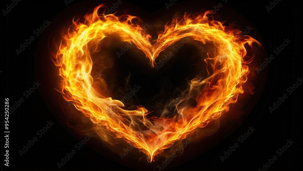 Fototapeta premium A glowing fiery heart shape burning brightly in the darkness at night , passion, love, fiery, bright, glowing, heart