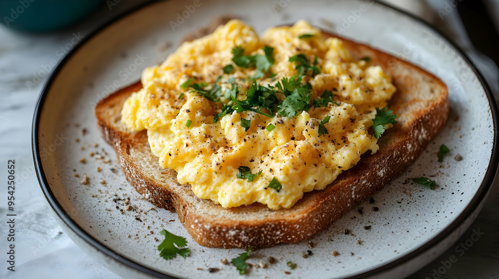 Scrambled eggs on toast with fresh parsley and pepper. Scrambled eggs on toast with fresh parsley and pepper.