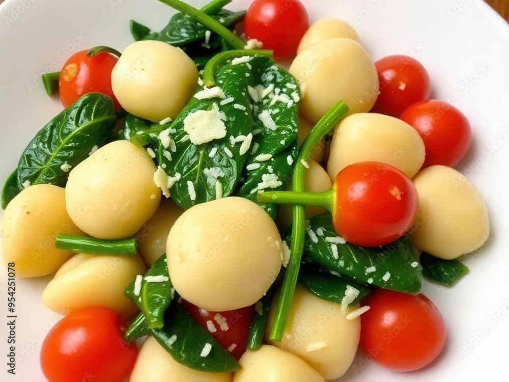 A plate of cauliflower gnocchi sautéed with garlic, spinach, cherry tomatoes, and a sprinkle of Parmesan cheese A plate of cauliflower gnocchi sautéed with garlic, spinach, cherry tomatoes, and a sprinkle of Parmesan cheese