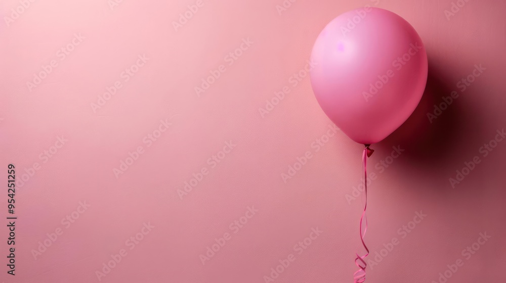 A pink balloon on a string against a wall. A pink balloon on a string against a wall.