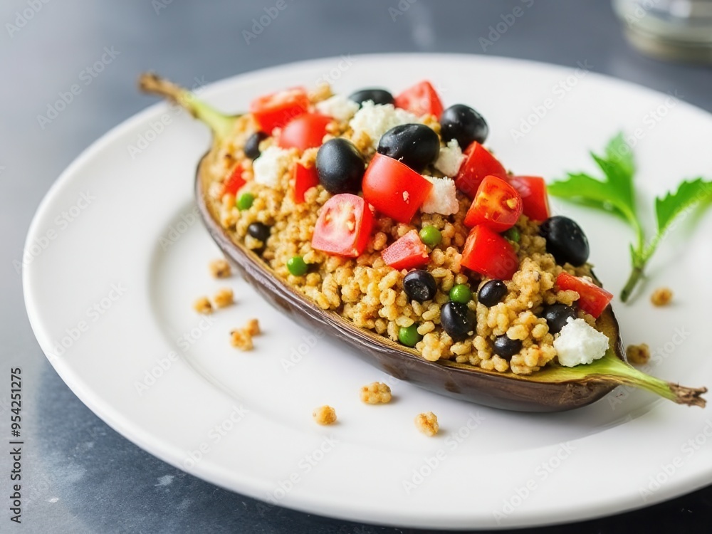 A plate of Mediterranean stuffed eggplant with a mixture of quinoa, tomatoes, olives, and feta cheese A plate of Mediterranean stuffed eggplant with a mixture of quinoa, tomatoes, olives, and feta cheese