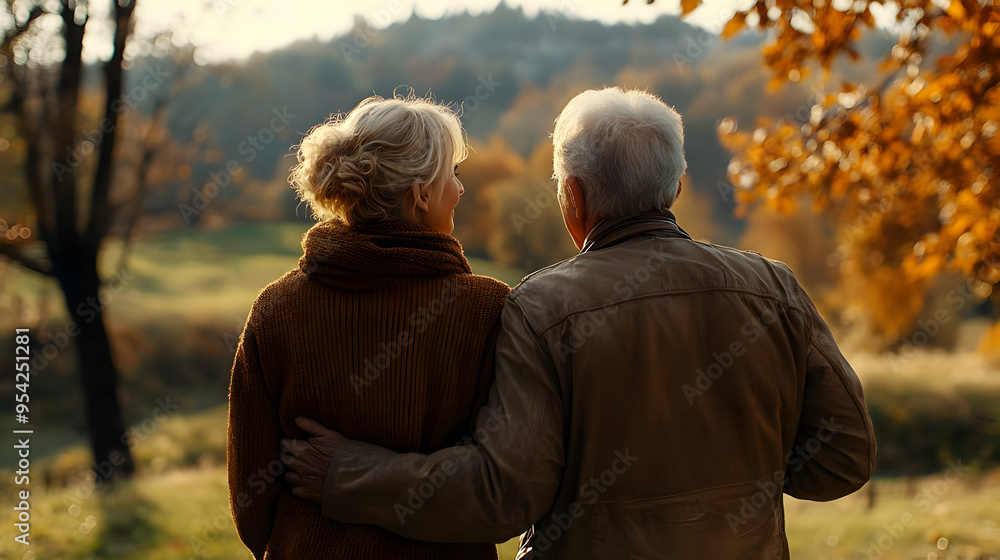 Senior couple in love, walking in an autumn forest. Senior couple in love, walking in an autumn forest.