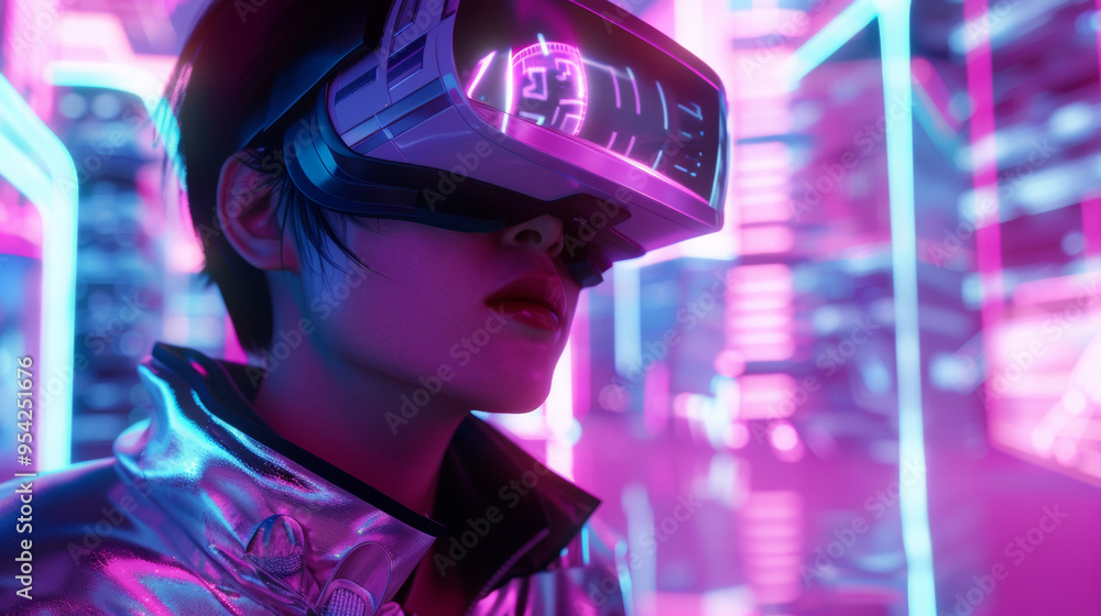 A 3D man wearing VR glasses stands in abstract cityscape with pink and purple neon lights for futuristic sci-fi technology cyberpunk cool background A 3D man wearing VR glasses stands in abstract cityscape with pink and purple neon lights for futuristic sci-fi technology cyberpunk cool background