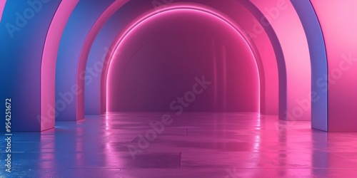 contemporary architectural innovation - abstract 3d render of futuristic structure with neon light and empty concrete floor photo