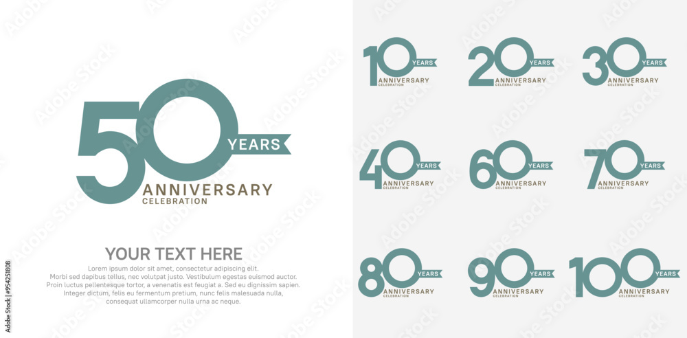 Naklejka premium anniversary set, green and black color with ribbon for celebration event