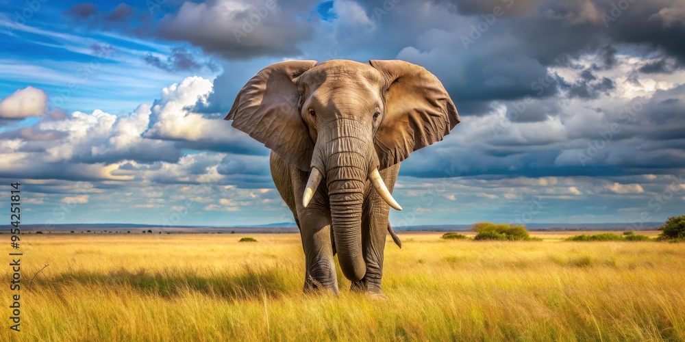 Fototapeta premium A majestic elephant standing gracefully in the savannah, wildlife, African, animal, tusks, trunk, mammal, safari, nature