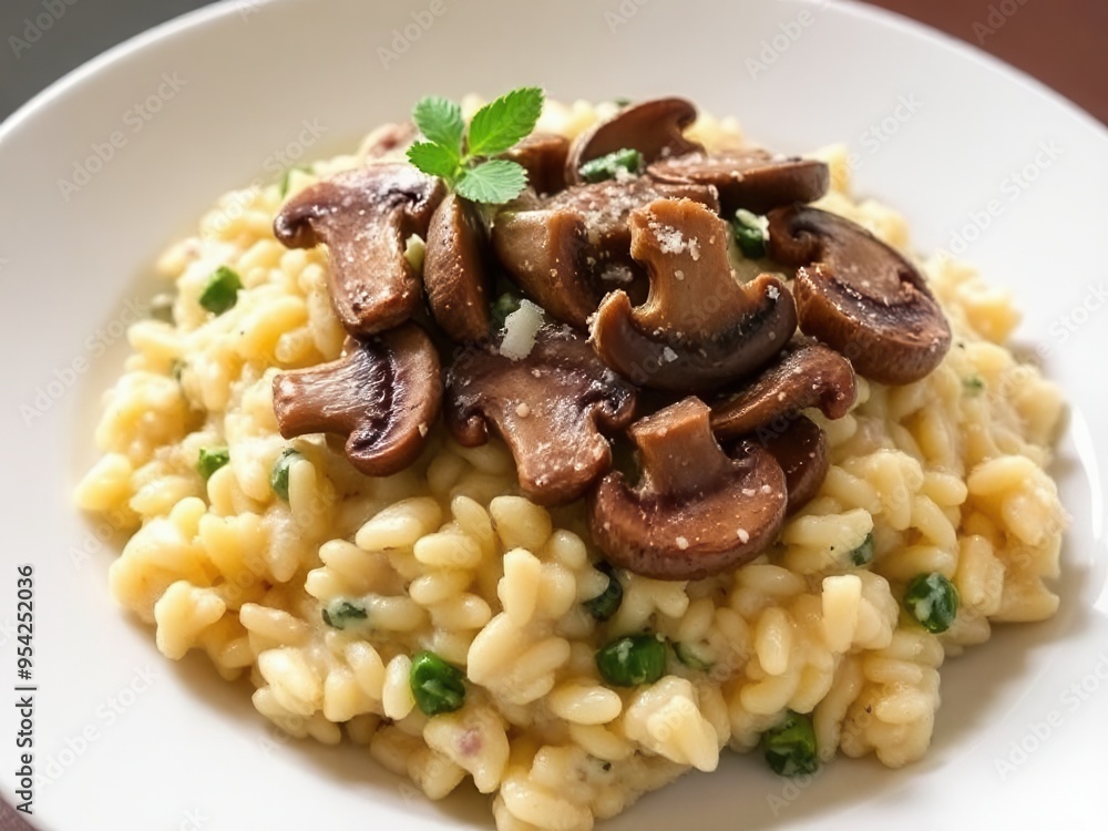 A serving of creamy mushroom risotto, topped with sautéed mushrooms and a sprinkle of Parmesan cheese A serving of creamy mushroom risotto, topped with sautéed mushrooms and a sprinkle of Parmesan cheese
