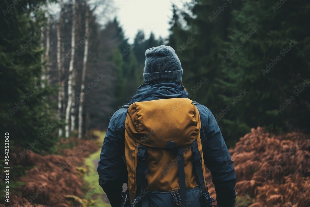 Hiker with backpack in dense forest during fall season, appreciating nature and adventure Hiker with backpack in dense forest during fall season, appreciating nature and adventure