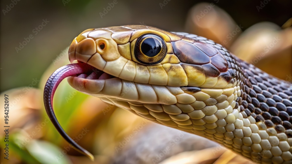 Fototapeta premium Close up of a snake with scales and forked tongue , reptile, wildlife, serpent, slithering, predator, camouflage