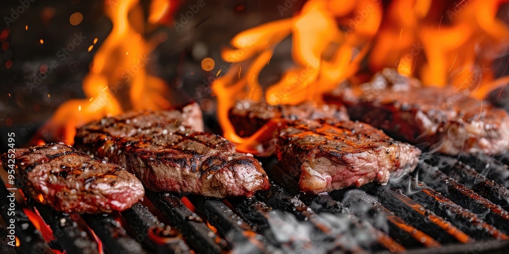 Grilled steaks with flames and embers on a brick grill showcasing the vibrant red of raw meat and the savory caramelization of cooked meat Grilled steaks with flames and embers on a brick grill showcasing the vibrant red of raw meat and the savory caramelization of cooked meat