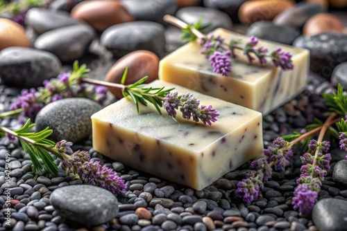 Soft focus image of rustic, hand-hewn heather-patterned soap bars nestled among dark charcoal pebbles, evoking a sense