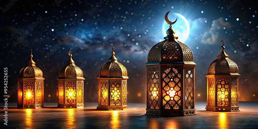 Obraz premium Islamic Eid Mubarak and Eid al-Adha lanterns shining in the dark night , Islam, celebration, Eid Mubarak, Eid al-Adha