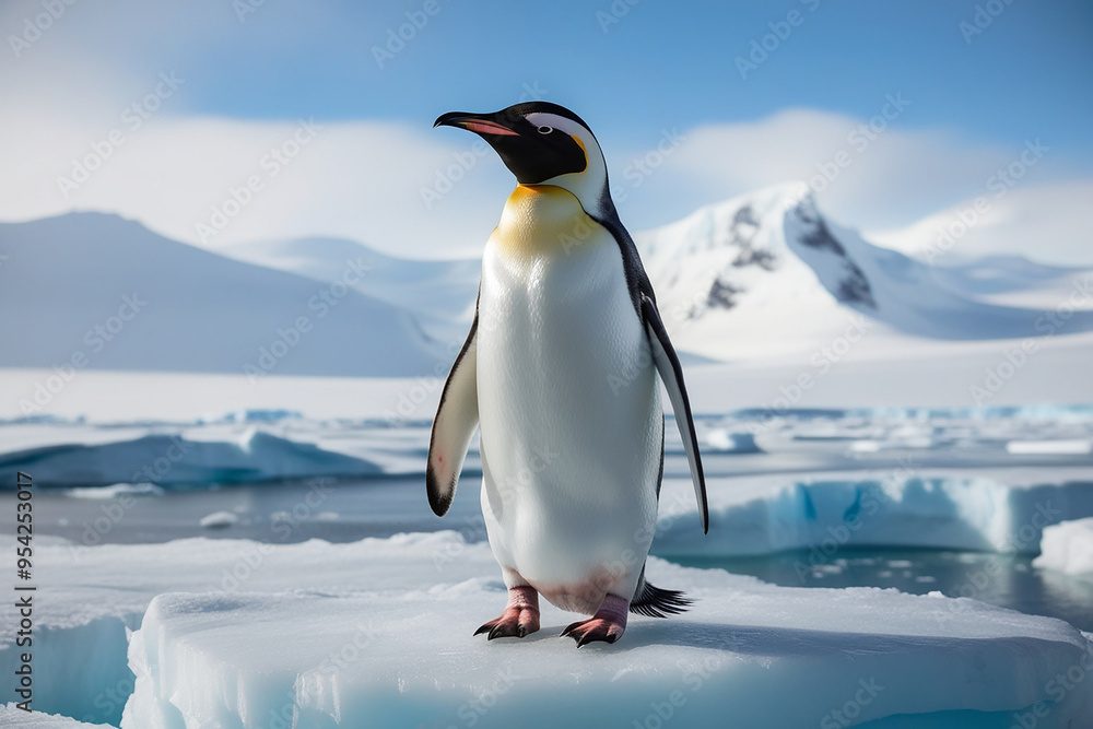 Fototapeta premium Chinstrap penguin stands proudly on ice rock