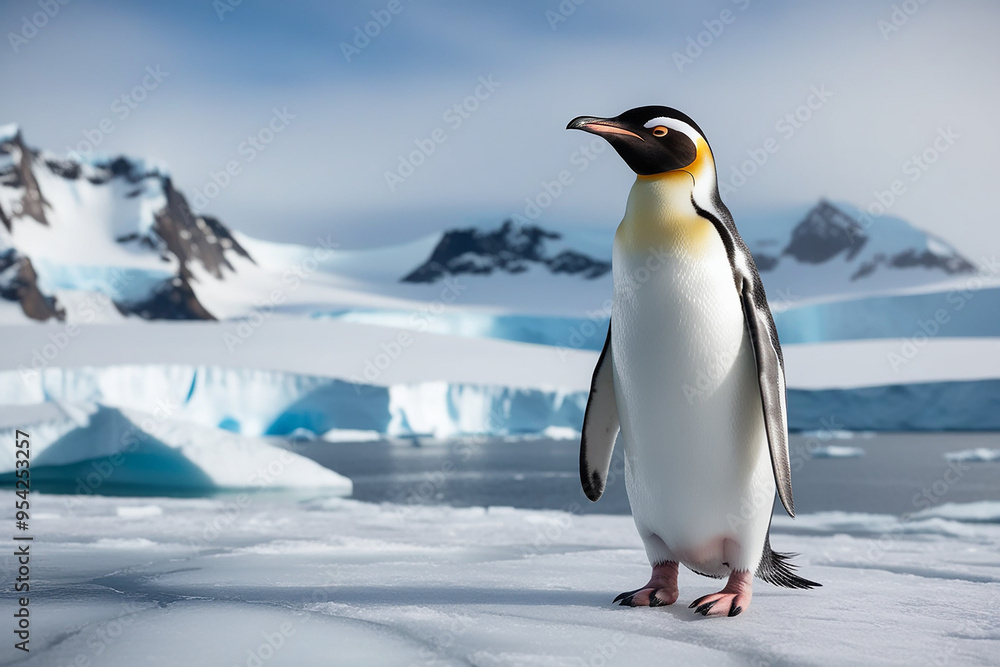 Fototapeta premium Chinstrap penguin stands proudly on ice rock