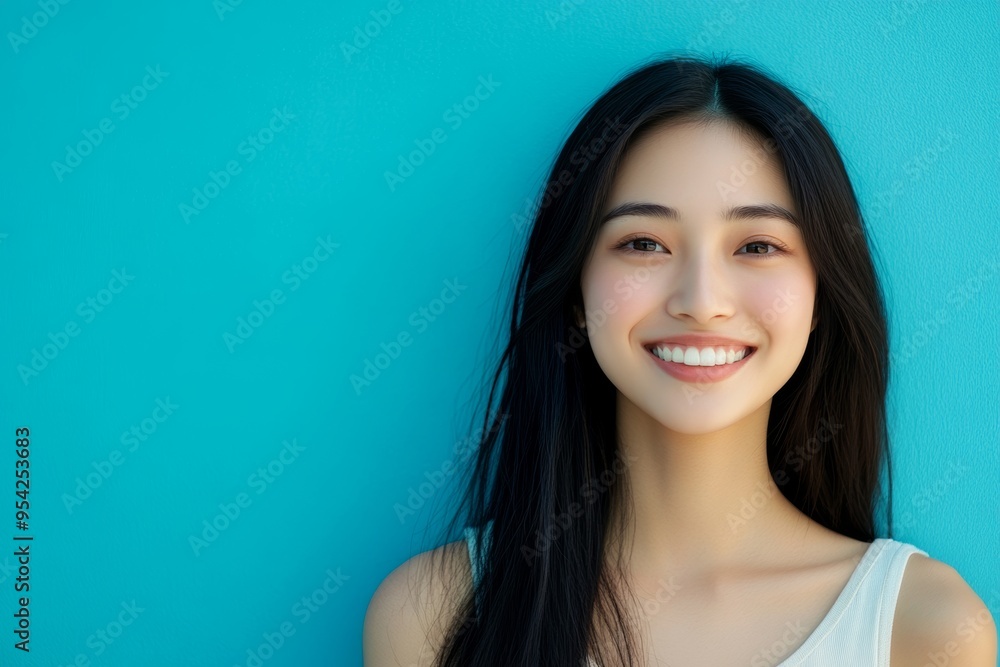 A young Asian woman with a bright smile and fresh skin poses gracefully against a vibrant blue background during daytime A young Asian woman with a bright smile and fresh skin poses gracefully against a vibrant blue background during daytime