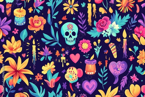 Dia de los Muertos or Day of Dead holiday. Traditional seamless pattern with skull, flowers, candles.