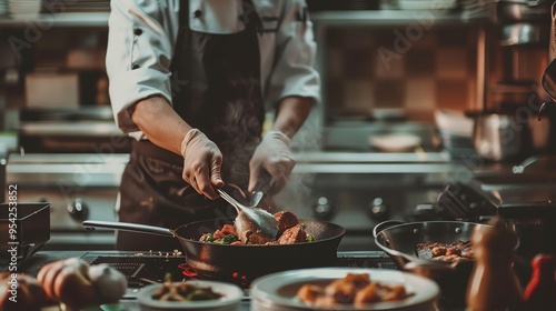 A chef is cooking in a restaurant kitchen.