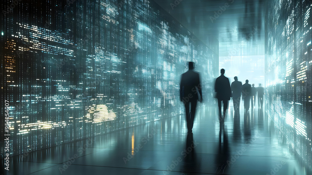 Silhouettes of people walking through a futuristic tunnel with glowing digital code on the walls. Silhouettes of people walking through a futuristic tunnel with glowing digital code on the walls.