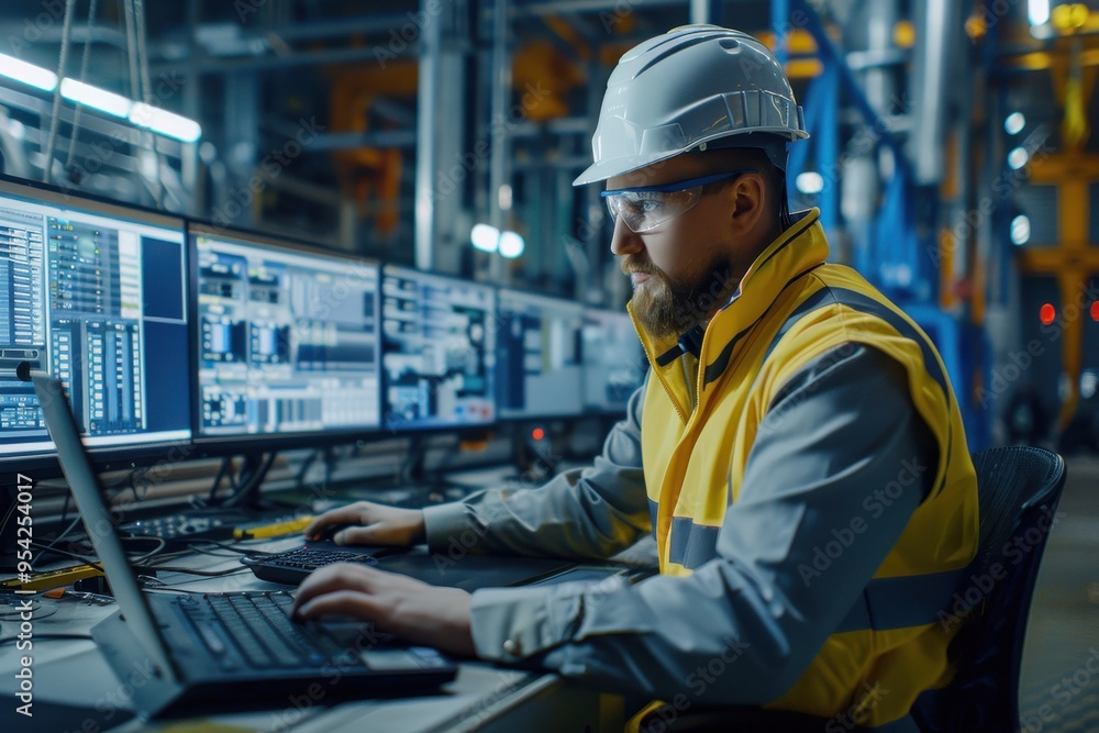 A man in a yellow vest is working on a computer with a hard hat on A man in a yellow vest is working on a computer with a hard hat on