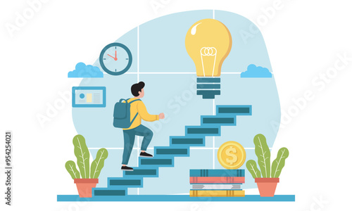 Illustration Man or Woman, Walk on Stairs, Getting New Idea	