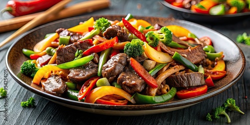 Plated Chinese beef chop suey with colorful vegetables and tender meat, Chinese, beef, chop suey, plated, food, stir fry