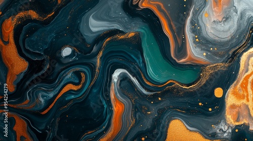 Abstract Swirling Pattern in Teal, Black, Orange, and Gold