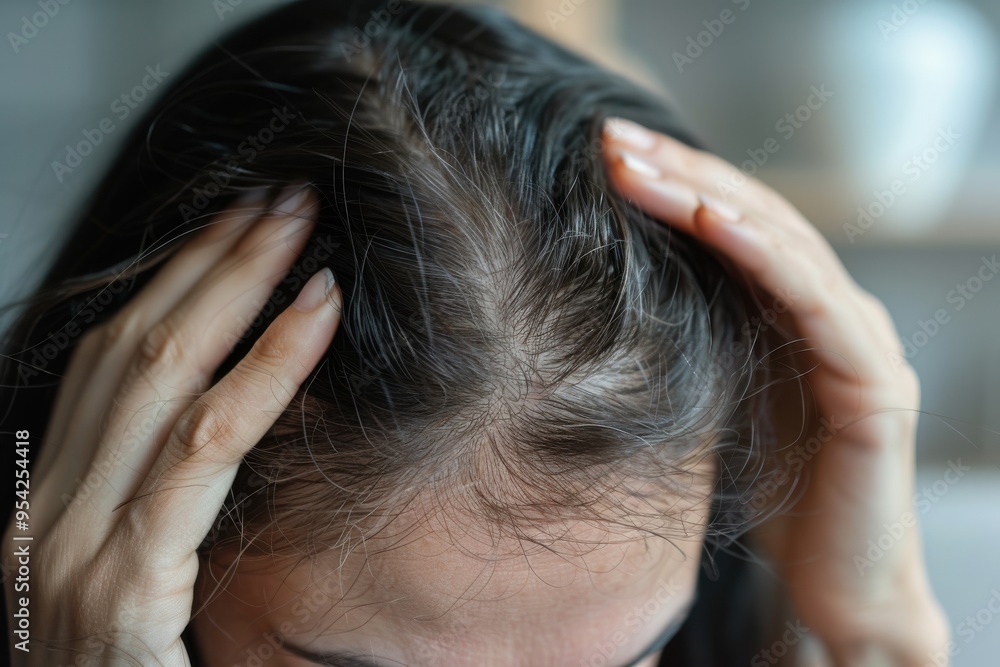 Naklejka premium A woman with a bald spot on her head is holding her head in her hands