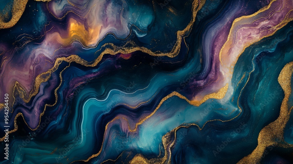 Abstract Swirling Liquid Gold and Blue, Purple and White Paint Abstract Swirling Liquid Gold and Blue, Purple and White Paint