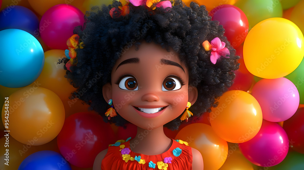 Smiling Black Girl with Afro Surrounded by Colorful Balloons. Smiling Black Girl with Afro Surrounded by Colorful Balloons.