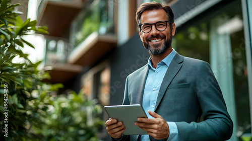 Smiling businessman holding...