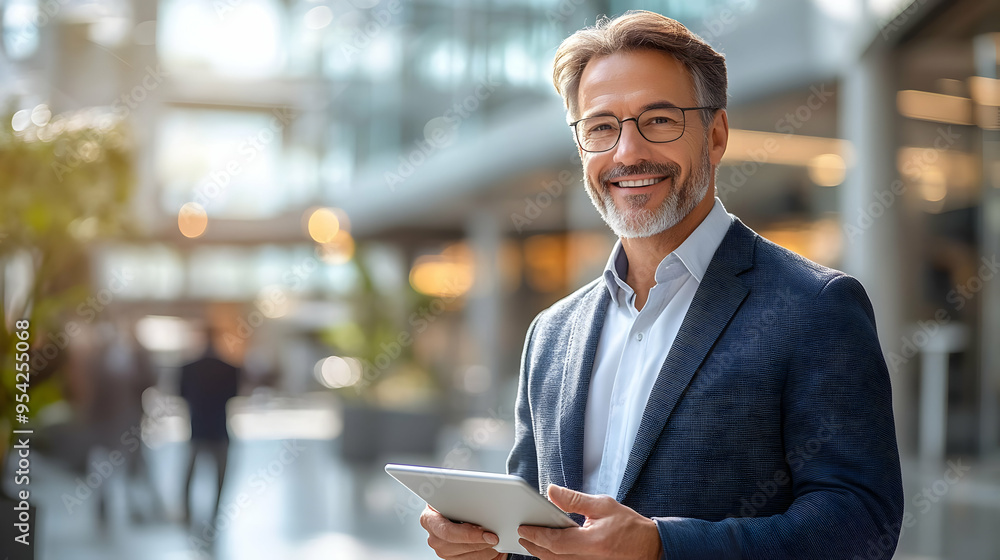 Smiling businessman holding a tablet in a modern office setting. Smiling businessman holding a tablet in a modern office setting.