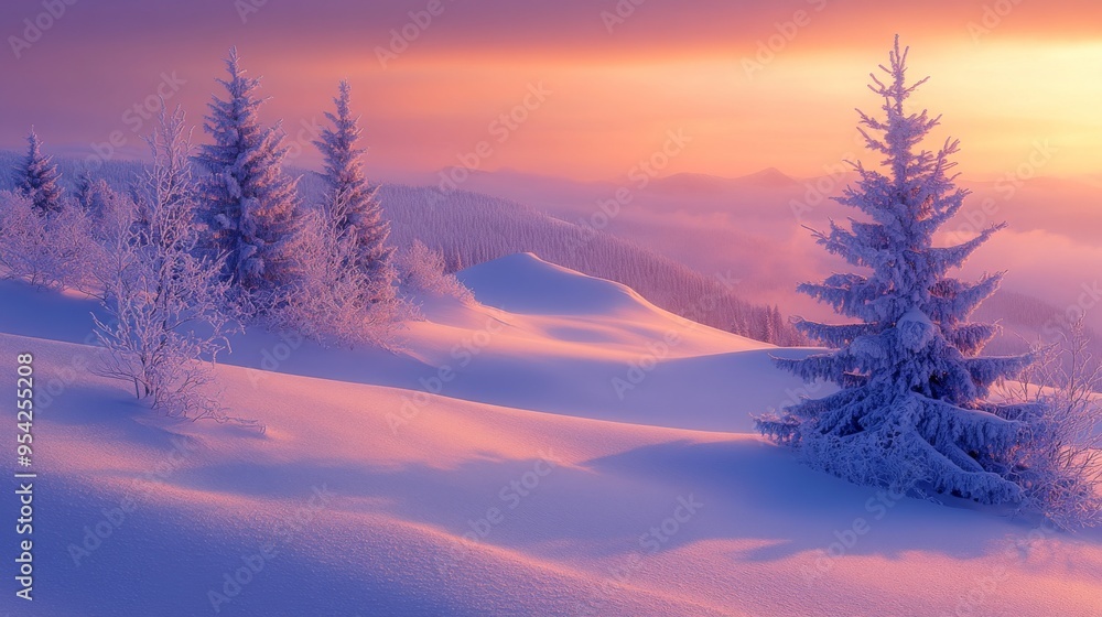 Snow-Covered Fir Trees on a Snowy Mountain at Sunset Snow-Covered Fir Trees on a Snowy Mountain at Sunset