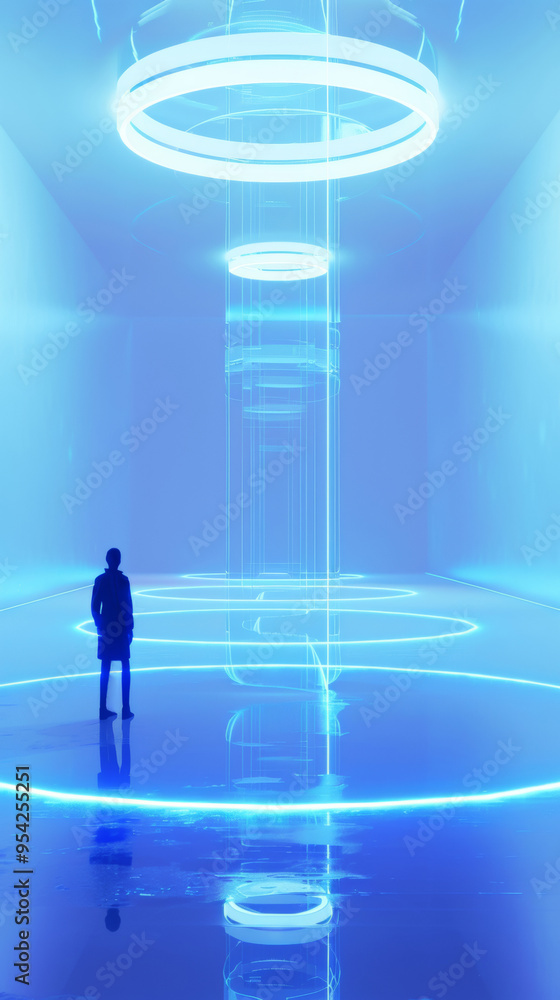 A 3D futuristic and high-tech blue poster with holographic floating digital circles and glowing lines in futuristic virtual reality digital cyberpunk style A 3D futuristic and high-tech blue poster with holographic floating digital circles and glowing lines in futuristic virtual reality digital cyberpunk style