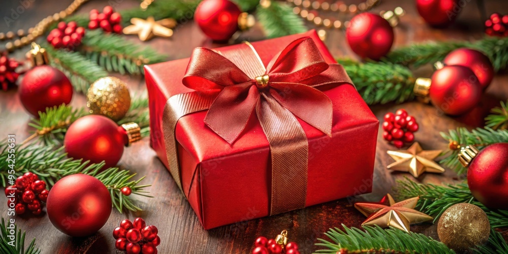 Red gift box with a festive bow surrounded by Christmas decorations, Christmas, gift, box, red, holiday, celebration, present Red gift box with a festive bow surrounded by Christmas decorations, Christmas, gift, box, red, holiday, celebration, present