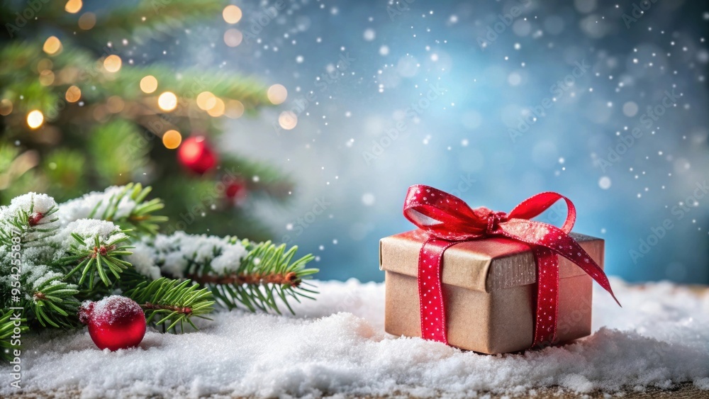 Christmas gift box covered in snow, Christmas, gift, box, snow, winter, holiday, present, surprise, festive, decorations, ribbon Christmas gift box covered in snow, Christmas, gift, box, snow, winter, holiday, present, surprise, festive, decorations, ribbon