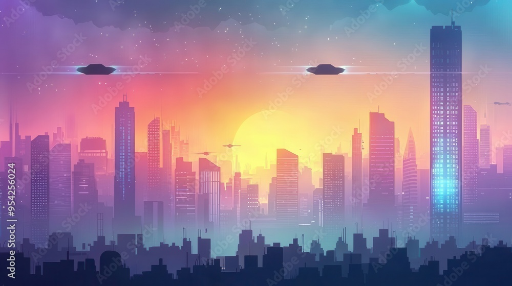 Fototapeta premium Futuristic Cityscape with Flying Cars and a Sunset Glow