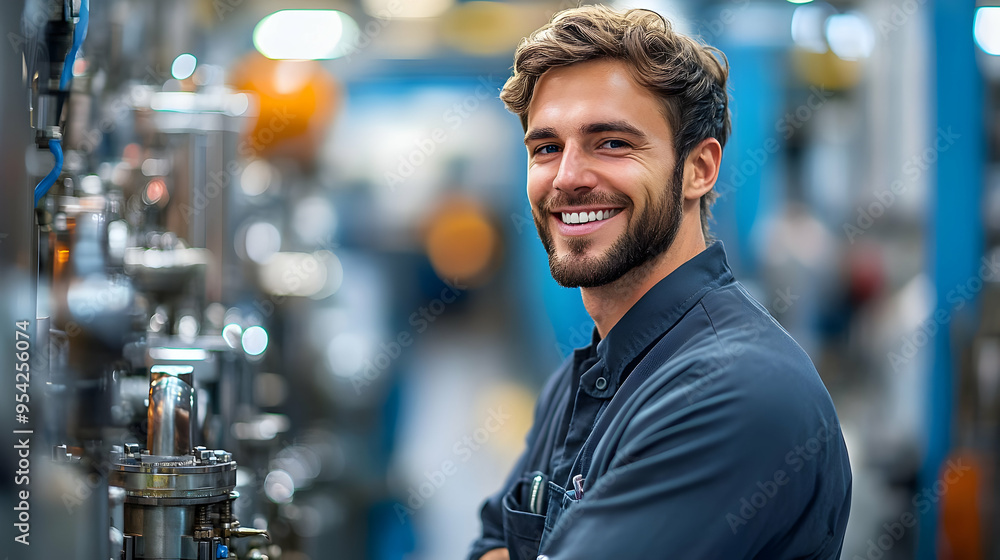 Fototapeta premium Smiling factory worker standing in front of machinery.