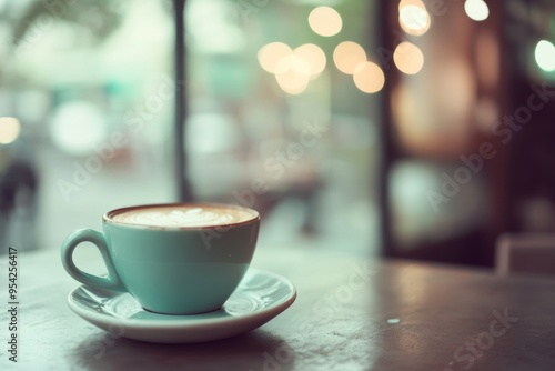 Cozy coffee cup in a charming café with blurred bokeh lights creating a vintage atmosphere