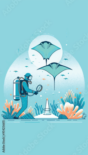  illustration of an oceanographer wearing scuba gear in the ocean, collecting a plankton sample above a coral reef with a cone-shaped net with magnified manta ray