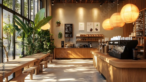 A warm-toned coffee shop interior with eco-friendly decor and 3D-rendered coffee beans