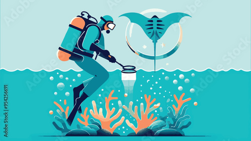  illustration of an oceanographer wearing scuba gear in the ocean, collecting a plankton sample above a coral reef with a cone-shaped net with magnified manta ray