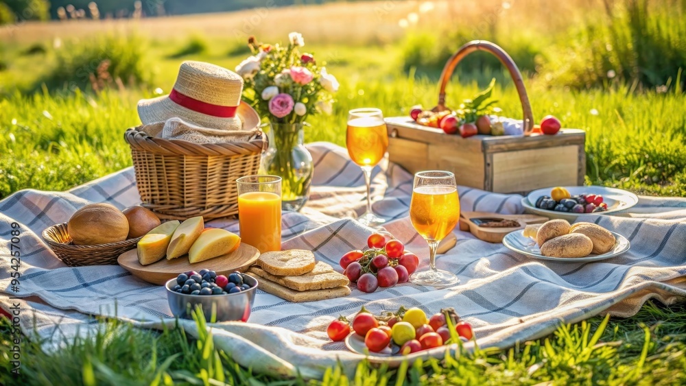 Delicious spread of food and drinks on a blanket for a romantic picnic in the sun, picnic, romantic, food, drinks Delicious spread of food and drinks on a blanket for a romantic picnic in the sun, picnic, romantic, food, drinks