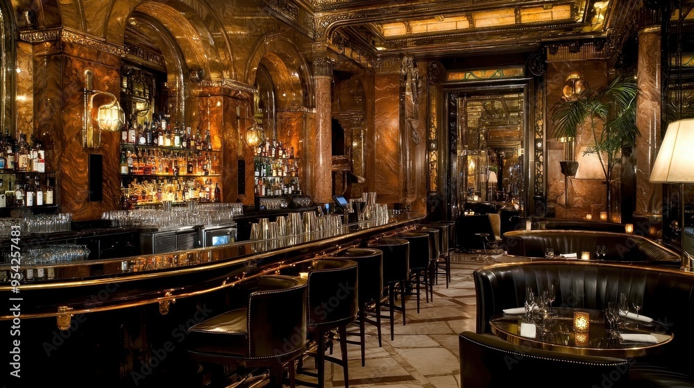 Luxurious Bar Interior with Gold Accents and Leather Seating Luxurious Bar Interior with Gold Accents and Leather Seating
