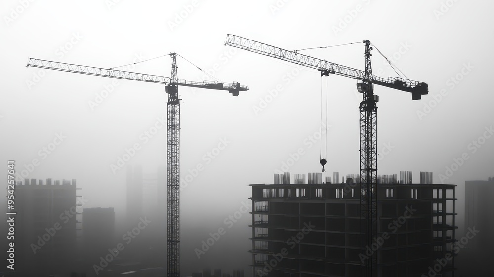 Silhouetted construction cranes against a misty skyline, symbolizing urban development and modern architecture in progress. Silhouetted construction cranes against a misty skyline, symbolizing urban development and modern architecture in progress.