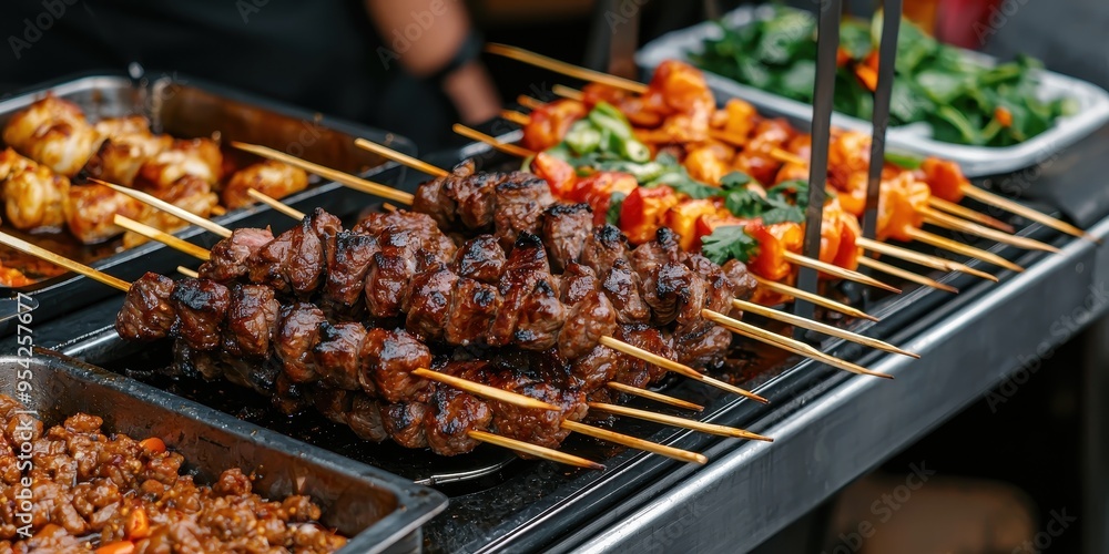 Closeup of Grilled Meat Skewers on Metal Tray Closeup of Grilled Meat Skewers on Metal Tray